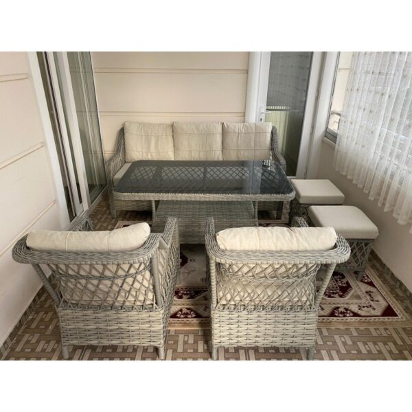 Petra Alüminyum Rattan 3+1+1+Masa(80*140)+2 Puf Bahçe Balkon Mobilyası,Krem