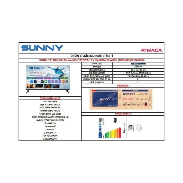 Sunny SN32HMLN-W02S 32” 80 Ekran Uydu Alıcılı HD Ready webOS LED TV