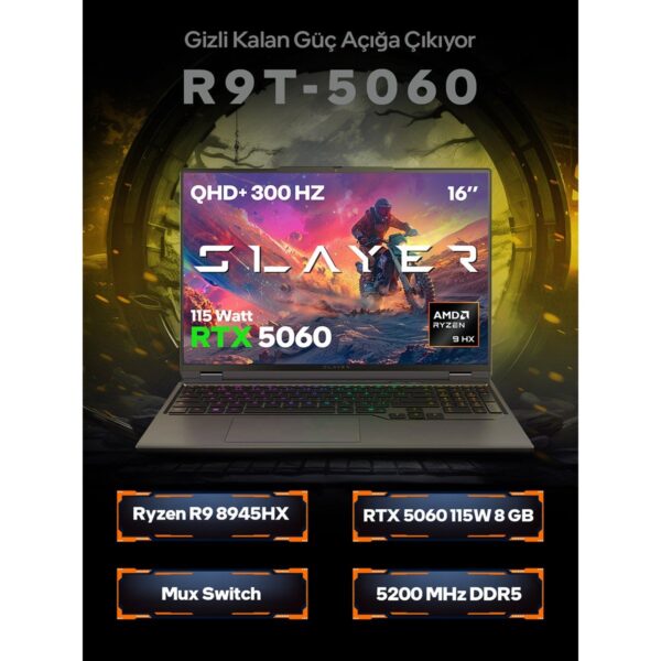Game Garaj Slayer R9T-5060 C7 AMD Ryzen 9 8945HX 16GB 1TB SSD RTX5060 Freedos 16″ Taşınabilir Bilgisayar