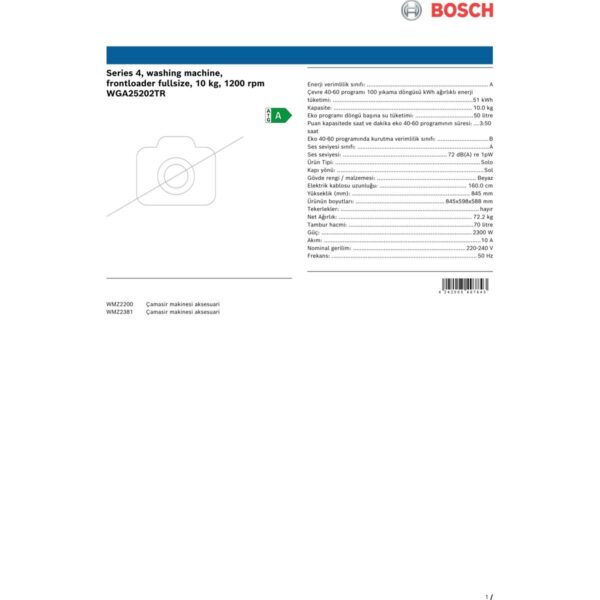 Bosch WGA25202TR 1200 Devir 10 kg Çamaşır Makinesi