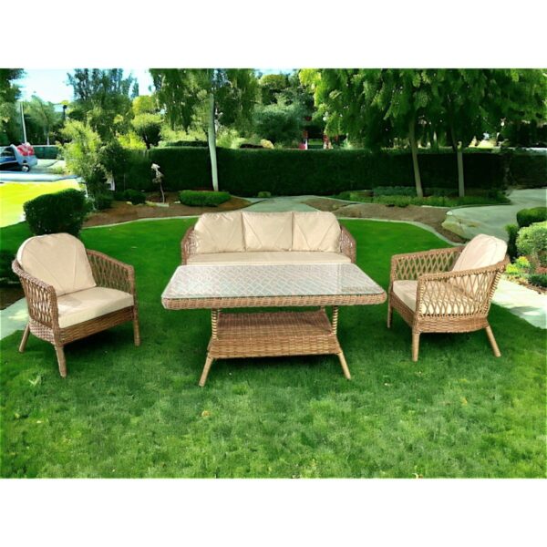 Monalin Mobilya Monalin Home Garden Miami 5 Kişilik(3-1-1-Masa) Rattan Örgü Bahçe & Balkon & Teras Oturma Grubu Minderli & Camlı & Masalı Takım