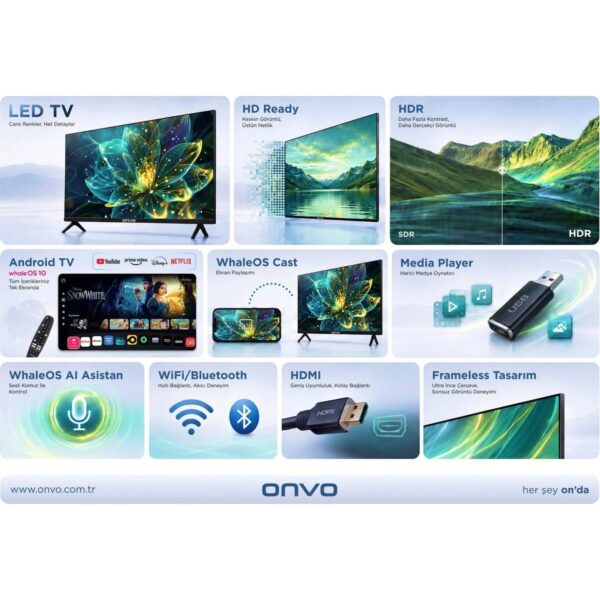 Onvo 24VL80F2HA 24” 60 Ekran Uydu Alıcılı HD Ready WhaleOS LED TV (12V Uyumlu)
