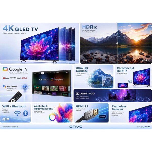 Onvo 50VQ90F3UA 50” 127 Ekran Uydu Alıcılı 4K Ultra HD Google Smart QLED TV