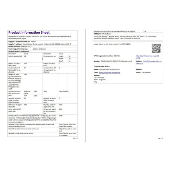Hoover Hle H9A2Te-17 9 Kg Wi-Fi Bağlantılı Isı Pompalı Kurutma Makinesi