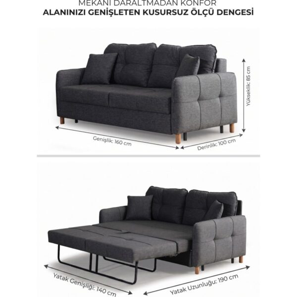 Nehir Ikili Kanepe Açılır Yataklı Çift Kişilik Yatağa Dönüşen Loveseat Kırlentli Antrasit