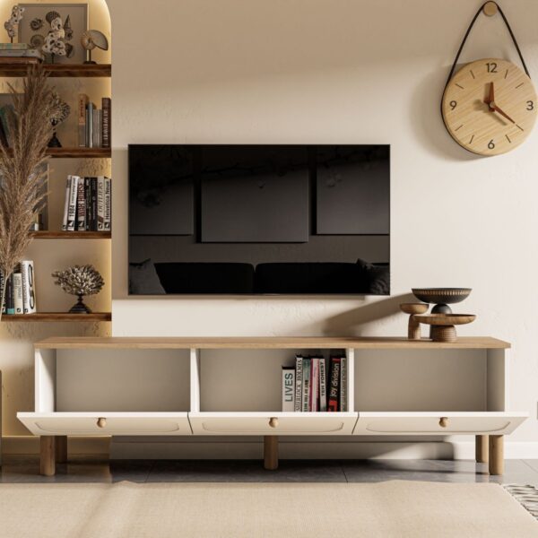 Mezza 1280 Monza 180 Cm Bohem Tv Ünitesi Membran MDF Kapaklı Meşe-Beyaz