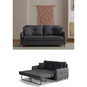 Nehir Ikili Kanepe Açılır Yataklı Çift Kişilik Yatağa Dönüşen Loveseat Kırlentli Antrasit
