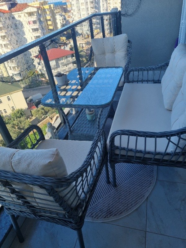 Kaş 2+1+1+Sehpa Bahçe Balkon Mobilyası,Gri Kumaş / Gri Rattan