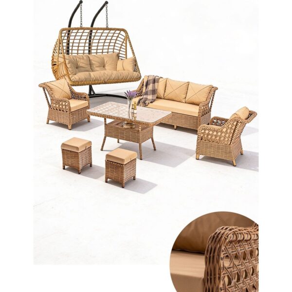 Ecem 7 Kişilik Rattan Bahçe Mobilyası ve 2 Kişilik Rattan Salıncak Seti Kahverengi (Siyah Çizgili)