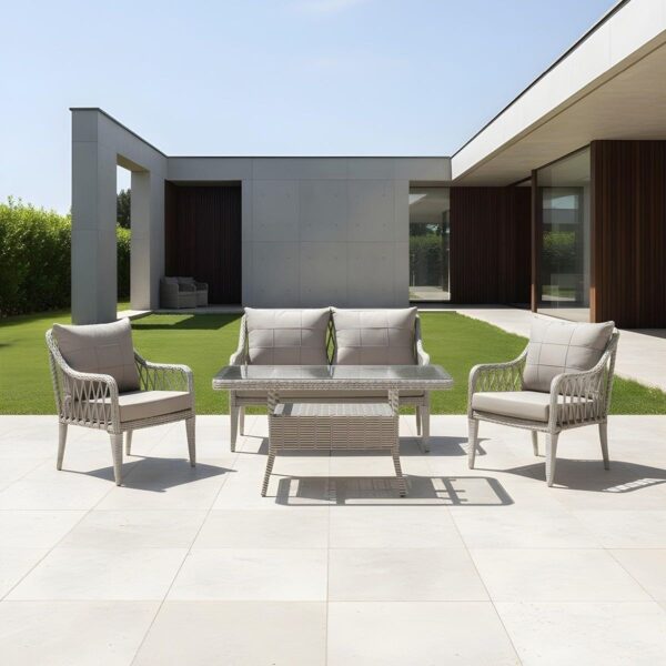 Zen 2+1+1 Bahçe Balkon Takımı 2+1+1 Camlı Masalı Açık Gri (Siyah Çizgili)