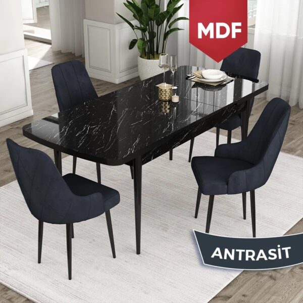 Concept Ram Serisi, MDF 80 x 132 cm Açılabilir Masa Takımı,siyah Mermer Desen Masa 4 Sandalye