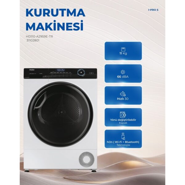 Haier HD110-A2959E-TR 11 kg Wi-Fi Bağlantılı Isı Pompalı Kurutma Makinesi