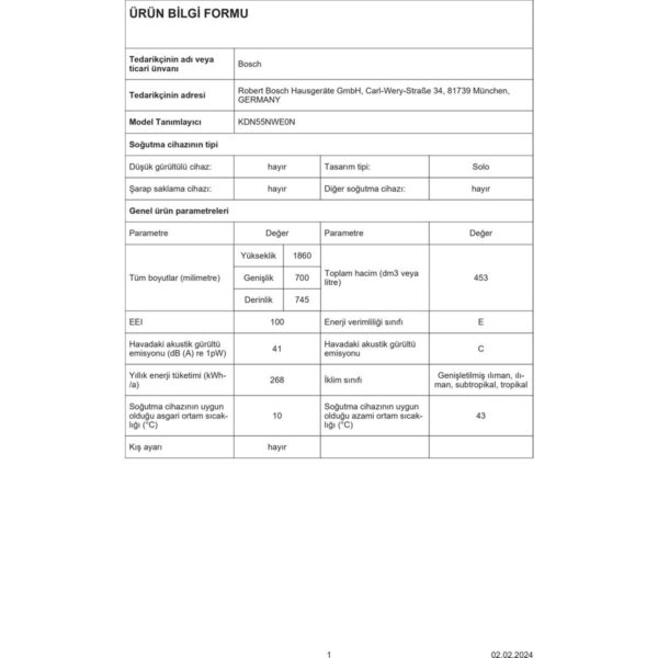 Bosch KDN55NWE0N 453 Lt No-Frost Buzdolabı